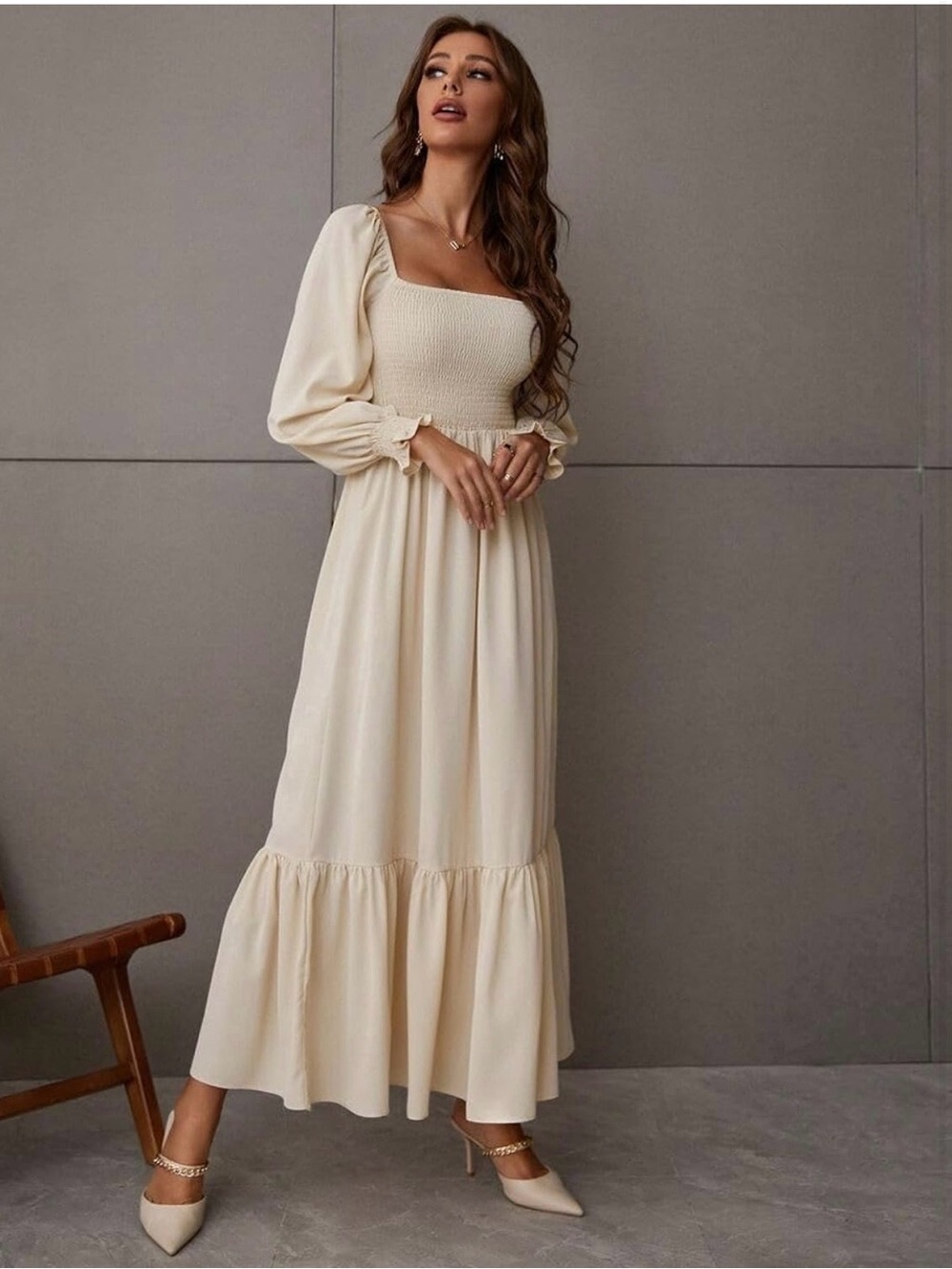Womens Long Cream Smocked-Peasant Dress worn 1x size Small